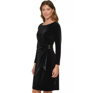 DKNY Velvet Dress Boatneck Black Long Sleeve Gathered Embellished NWT Size 8